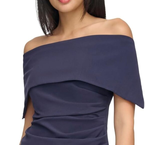Vince Camuto Navy Off-Shoulder Ruched Midi Cocktail Formal Dress Size 16 - Picture 1 of 12
